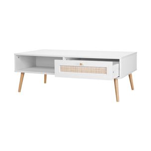 Table basse en cannage 110x59x39cm - Bohème - Blanc. 1 tiroir. 1 espace de rangement. pieds scandinaves