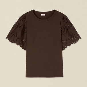 Oltre - T-shirt con maniche in sangallo - Marrone