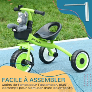 Tricycle enfant multi-équipé garde-boue sonnette panier pédales antidérapantes siège réglable avec dossier métal vert