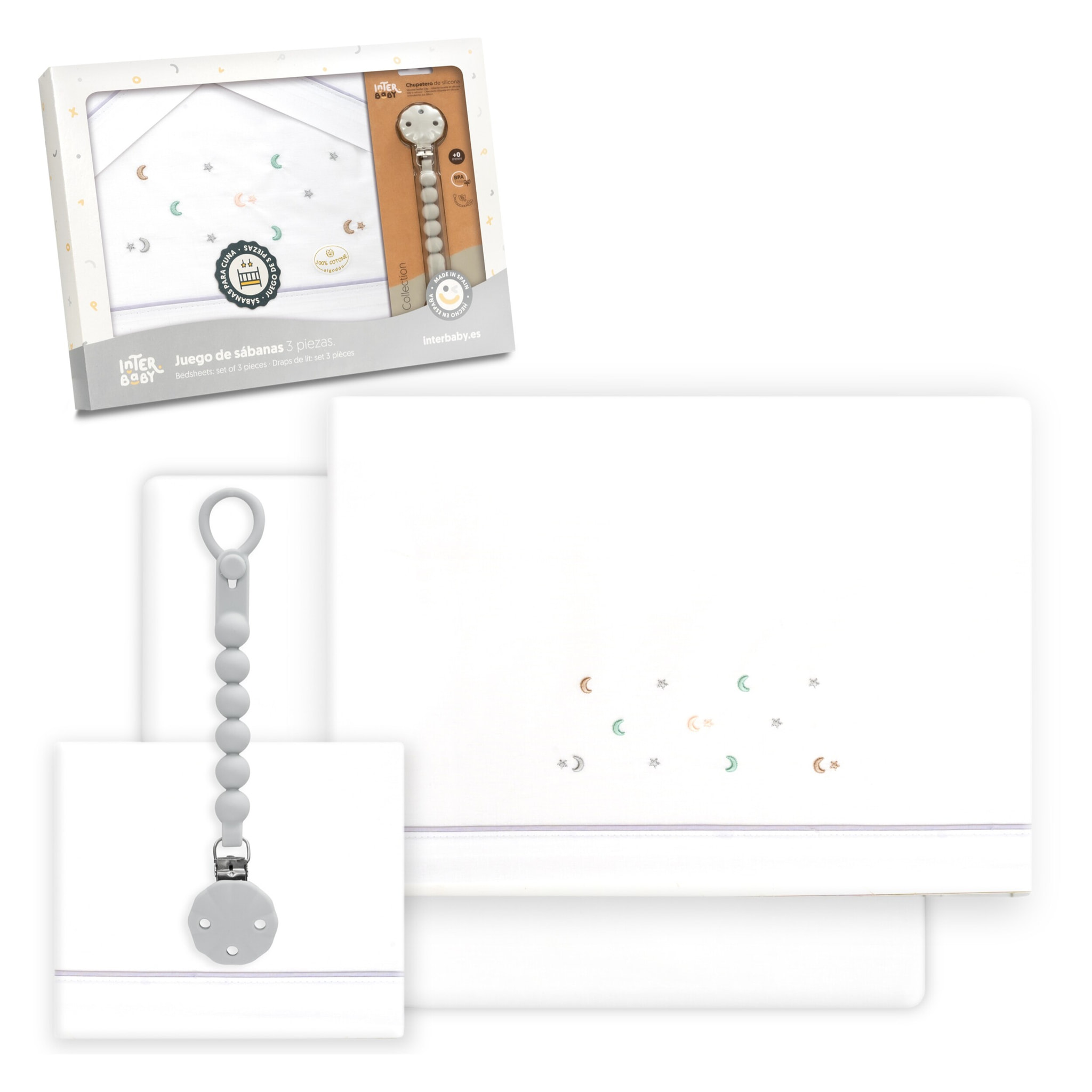 Triptico Cuna Estrella Luna Multicolor + Broche Bco/Gris