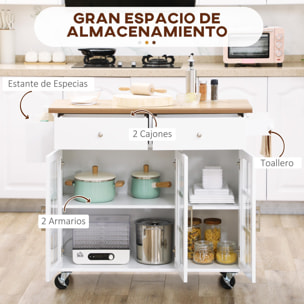 Carro de Cocina Isla de Cocina con Ruedas Multifuncional con 2 Cajones 3 Puertas de Vidrio Templado Toallero y Especiero 124,5x39,5x90 cm Blanco