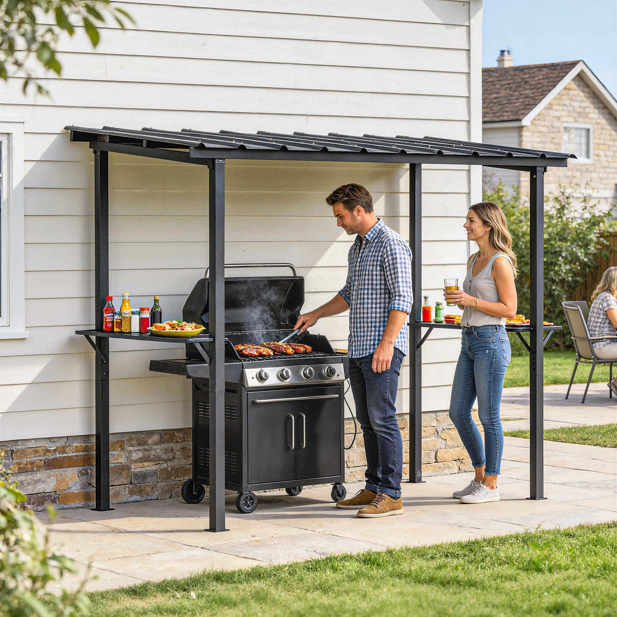 Abri pour barbecue - tonnelle de jardin  toit rigide - métal galvanisé - 271x182x229cm - noir