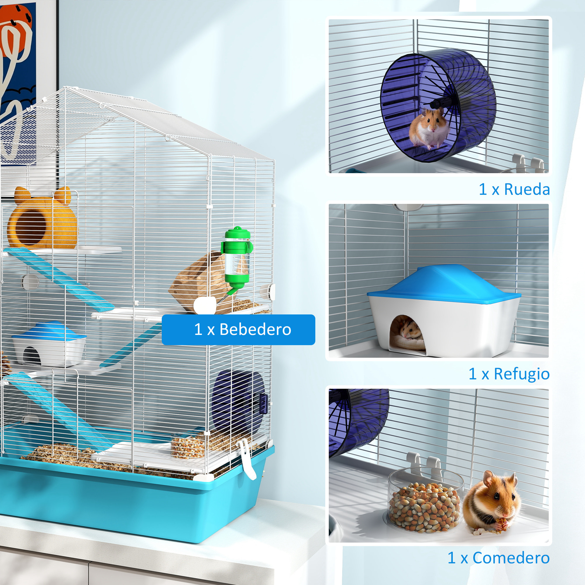 Jaula para Hámster de 5 Niveles Casa para Animales Pequeños con Plataformas Cuenco Bebedero Casita Rampas y Rueda de Ejercicio 58x36x81 cm Azul Claro