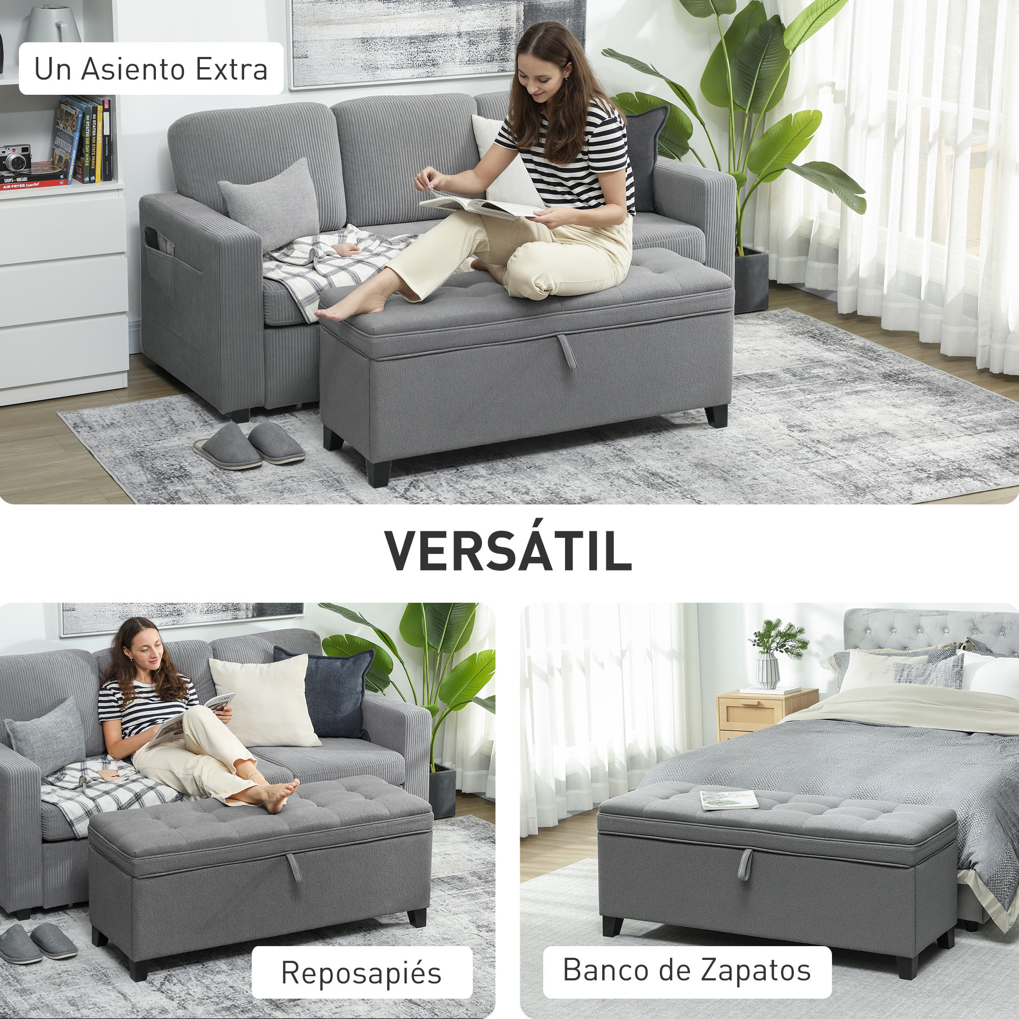 Puff Almacenaje Banco Almacenaje 112L Tapizado en Lino con 2 Bisagras de Seguridad Tapa Abatible y Asiento con Capitoné para Dormitorio Salón Entrada Carga 120 kg 120x40x48 cm Gris Oscuro