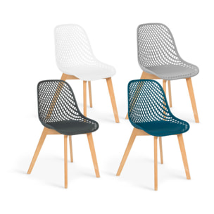 Chaises Maëlle assise ajourée mix de couleurs :  1x blanc, 1x gris foncé, 1x gris clair et 1x bleu canard - lot de 4