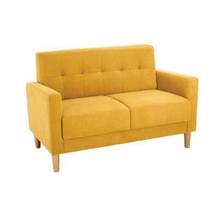 Canapé scandinave 2 places en tissu effet velours jaune moutarde et bois clair MOON