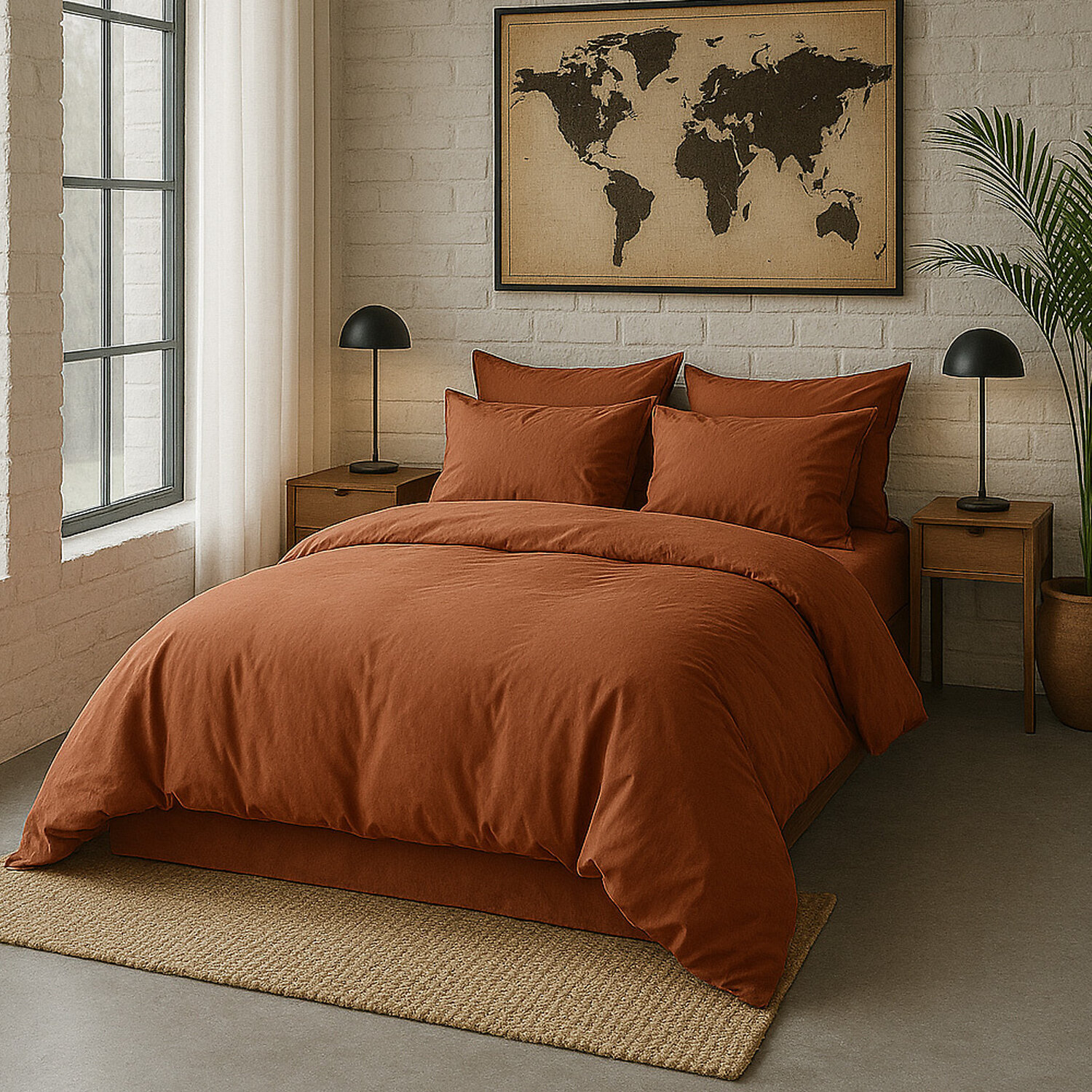Paire de taies d'oreiller avec volant 100% percale de coton lavé terracotta