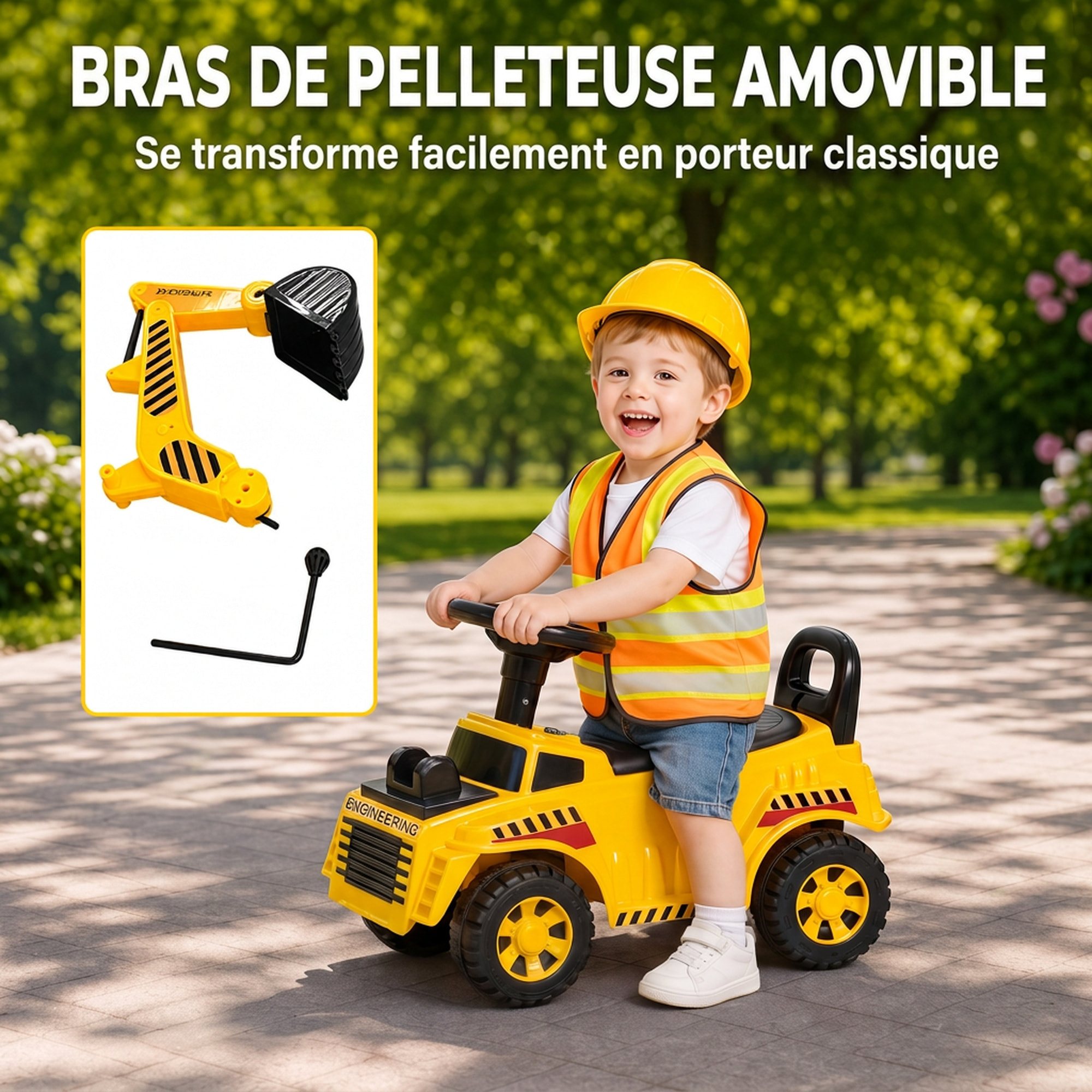 Trotteur porteur tractopelle pelleteuse avec casque et klaxon jaune noir
