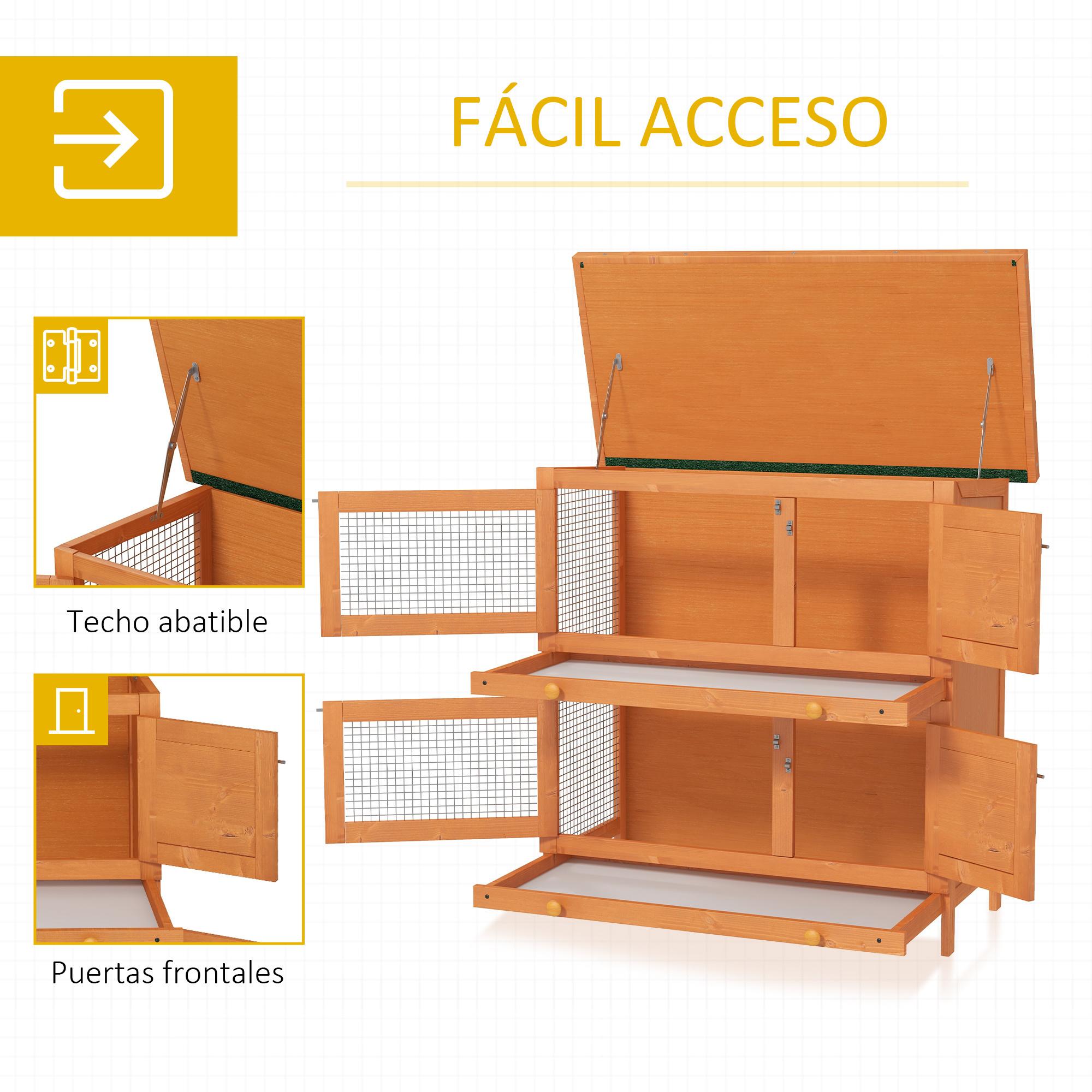 Conejera de Madera Exterior de 2 Niveles 90x45x90 cm para 1-2 Mascotas Pequeñas con Techo Asfáltico Abrible y 2 Bandejas