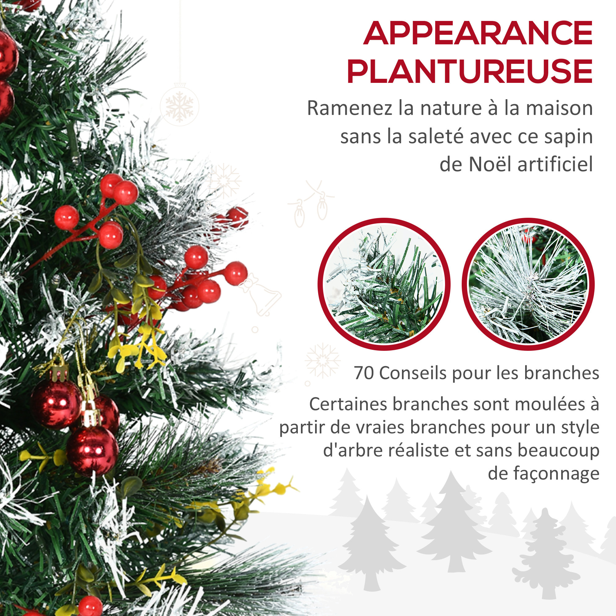 Sapins de Noël artificiel H. 75 cm aspect enneigé - lot de 2 sapins LED - 8 modes d'éclairage - 70 branches - décoration incluse - usage extérieur