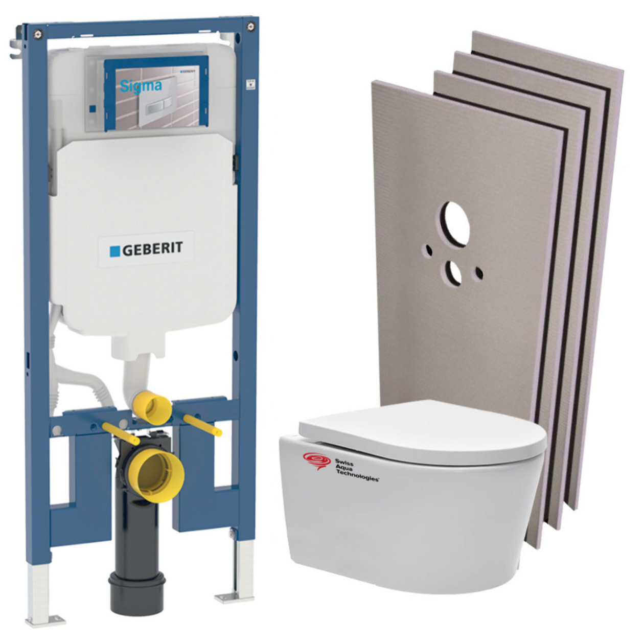 Pack WC Bati Geberit extra-plat + WC Swiss Aqua Technologies sans bride + Abattant + Plaque + habillage (SLIM-SATrimless-F-sabo)