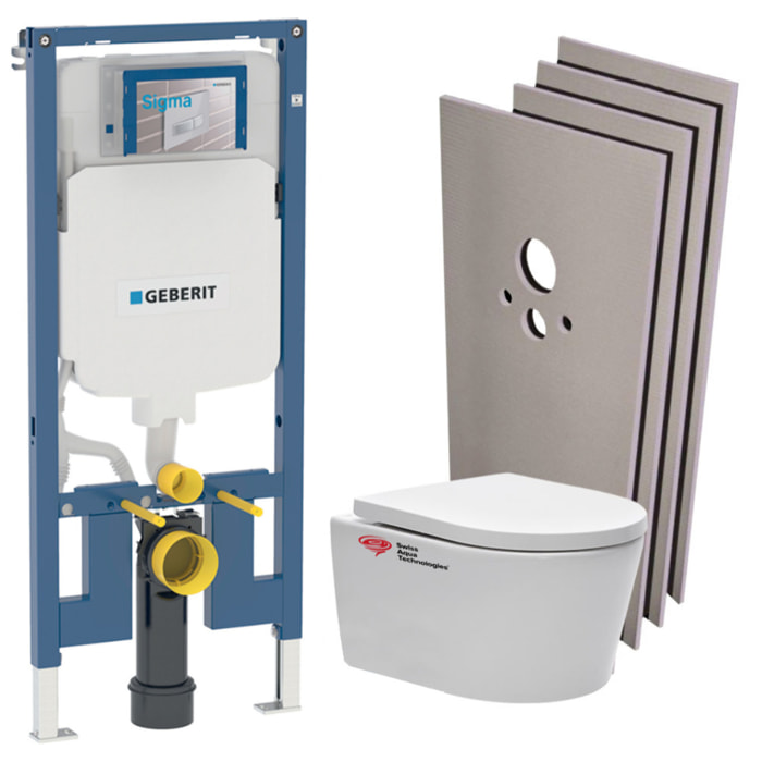 Pack WC Bati Geberit extra-plat + WC Swiss Aqua Technologies sans bride + Abattant + Plaque + habillage (SLIM-SATrimless-F-sabo)