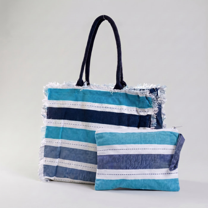 Borsa mare donna con pochette coordinata a righe multicolor, shopper spiaggia grande con zip e frange decorative, capiente e leggera, ideale per telo mare e accessori estivi, perfetta per spiaggia piscina vacanze e tempo libero