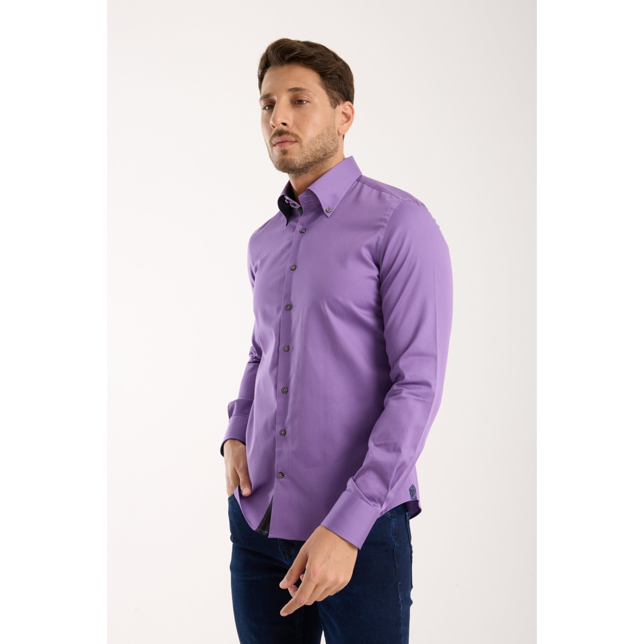 Camicia Uomo 2 Bottoni Button Down Slim Satin Unito Viola