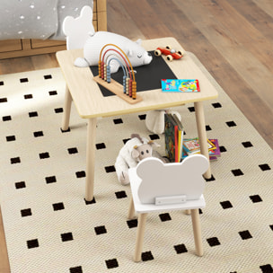 Juego de Mesa y 2 Sillas Infantiles de Madera, Mesa Infantil con Sillas, con Pizarra, Respaldo en Forma de Osito y Compartimentos, para Niños, para Guardería, Dormitorio, Natural y Blanco