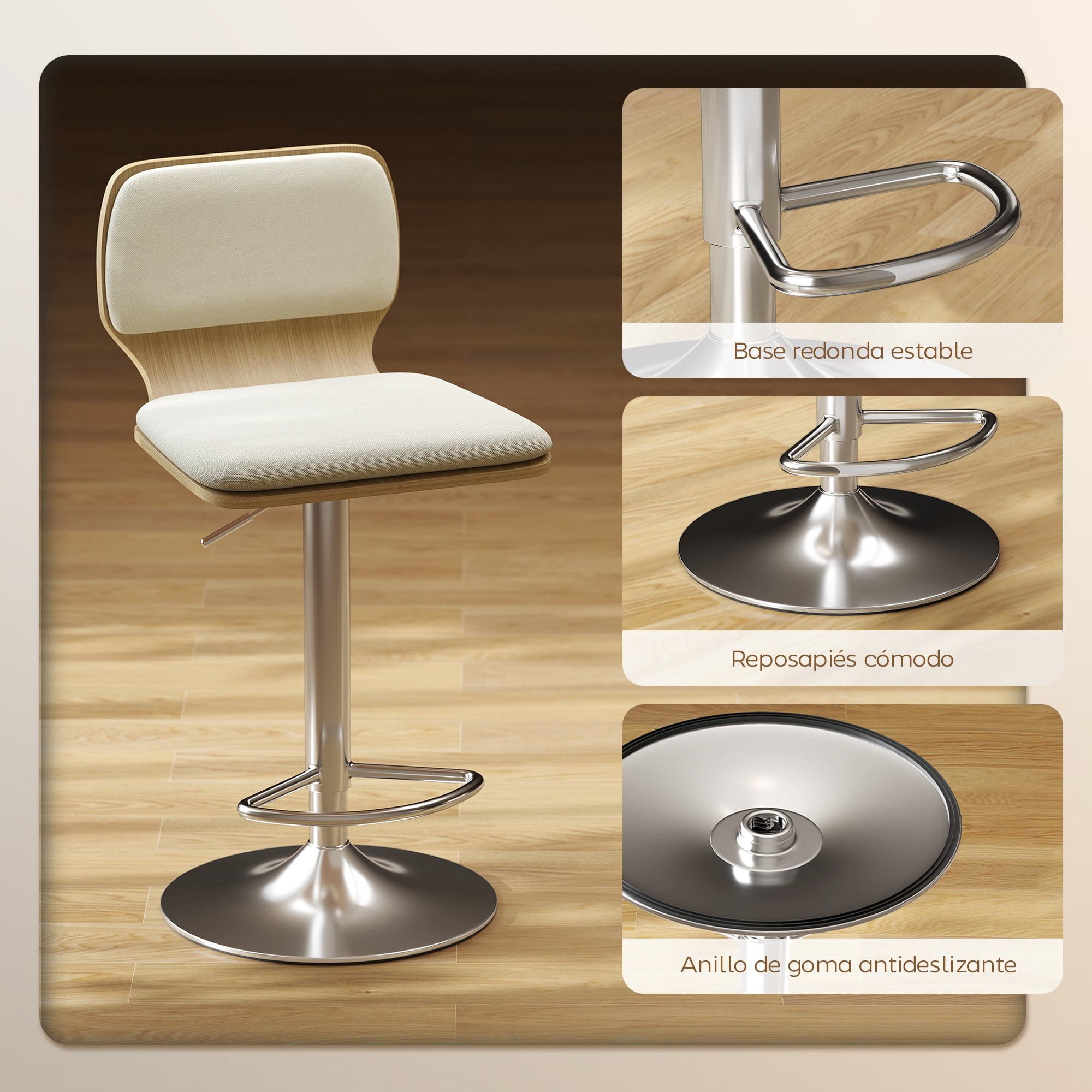 Juego de 2 Taburetes Altos de Cocina Giratorios en 360°, Taburetes de Bar Regulables en Altura de 81-102 cm, Tapizados en Lino, Reposapiés, para Comedor, Mostrador, Beige