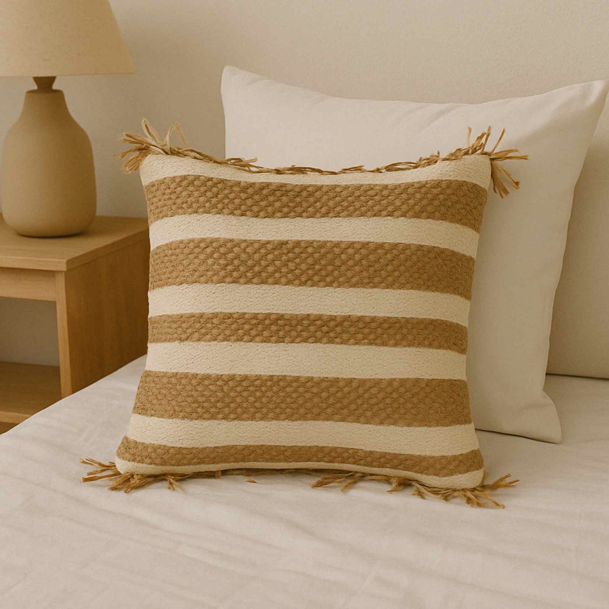 Cojín de yute y algodón con flecos en beige/multi 45x45cm - Relleno de 400gr al vacío