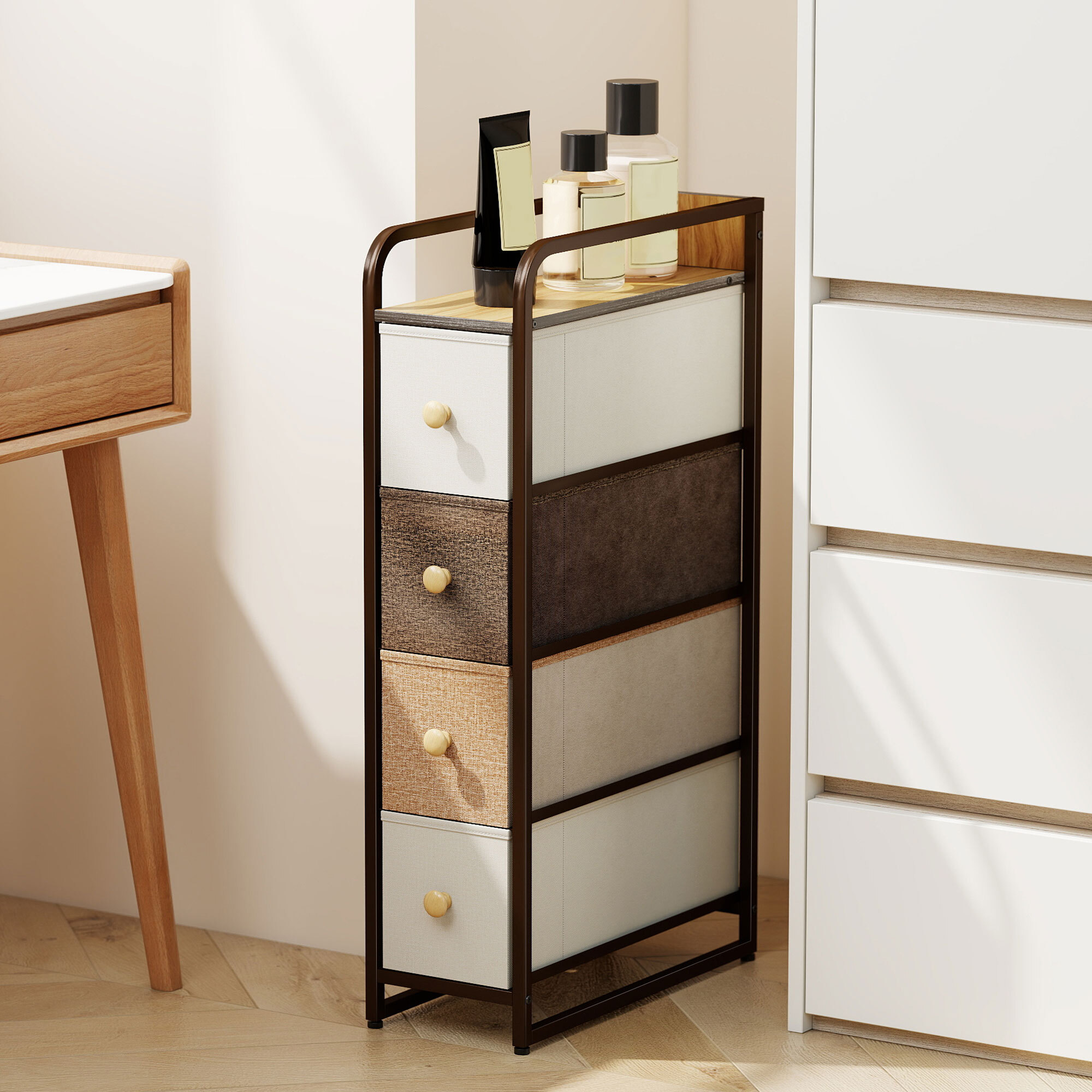 Cómoda con 4 Cajones de Tela, Cómoda para Dormitorio Estrecha con Marco de Acero, Cajonera para Espacios Pequeños, Sala de Estar, Vestidor, Baño, Multicolor