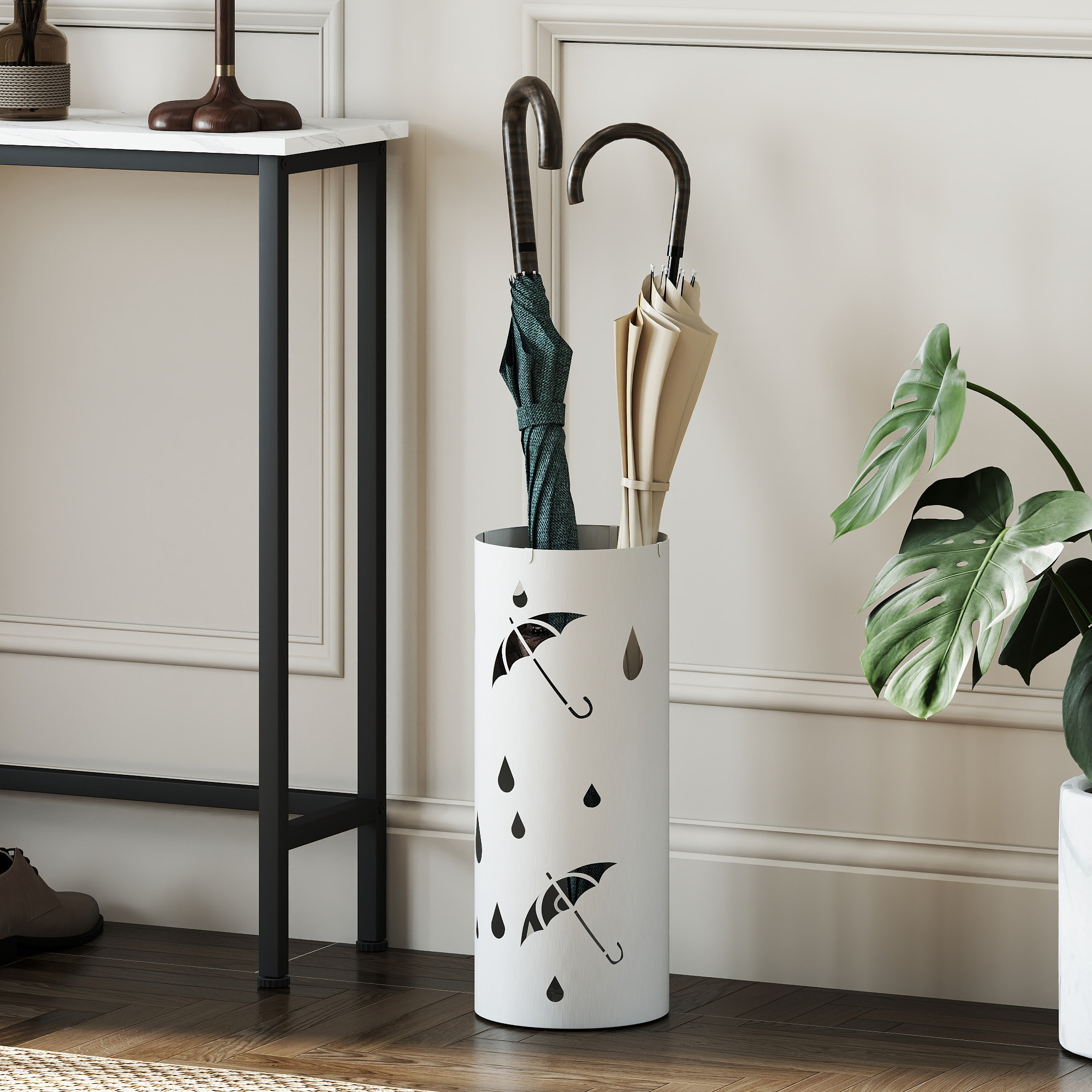 Porte-parapluie design - support parapluie H.41cm - 4 crochets, bac à eau - acier blanc
