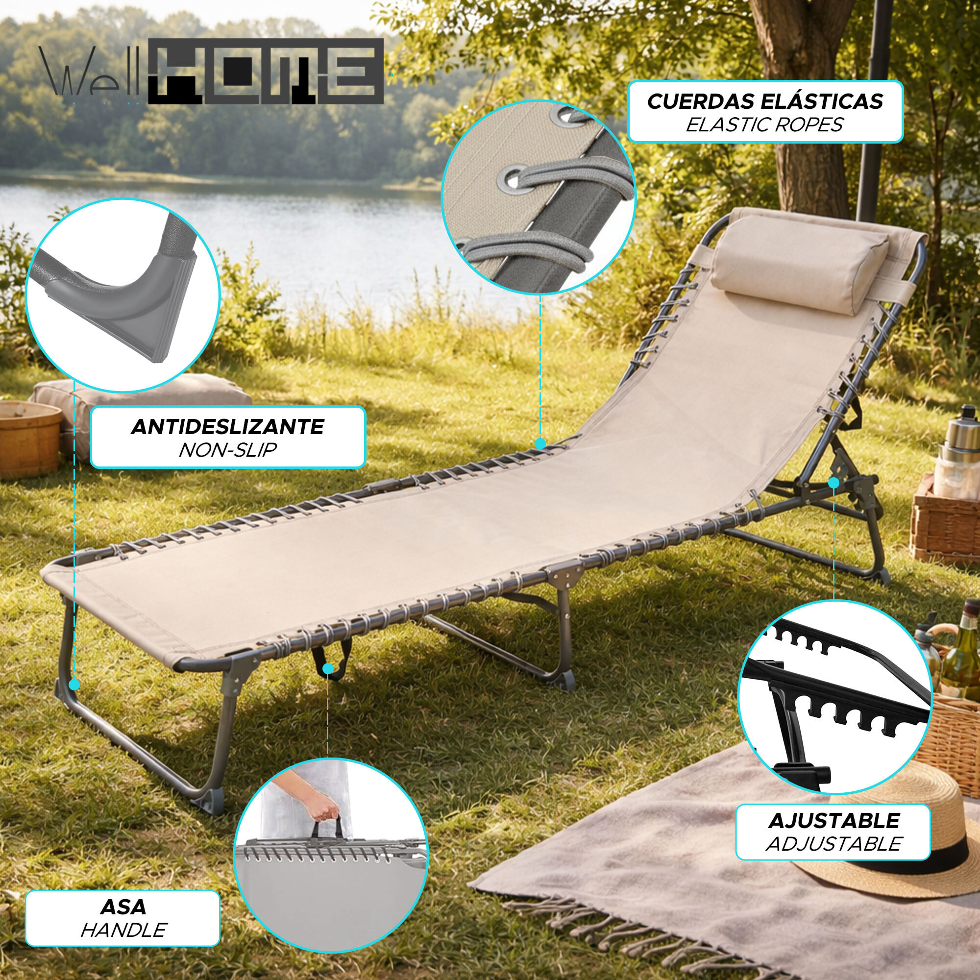 Well Home Tumbona de camping 193x60x30cm Acero gris oscuro / beige hasta 110kg