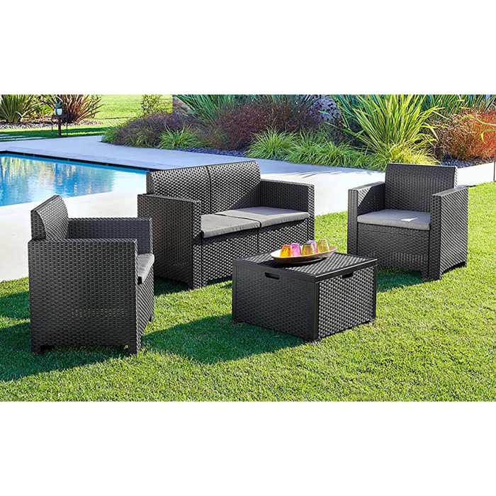 Set salotto da esterno Venere, Set da giardino con cuscini, Salottino indoor e outdoor effetto rattan, 100% Made in Italy, Antracite