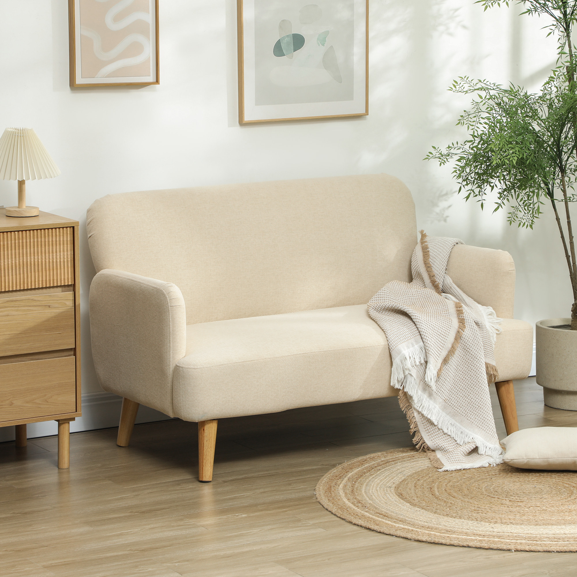 Canapé 2 places style scandinave - canapé droit fixe - piètement bois hévéa tissu beige