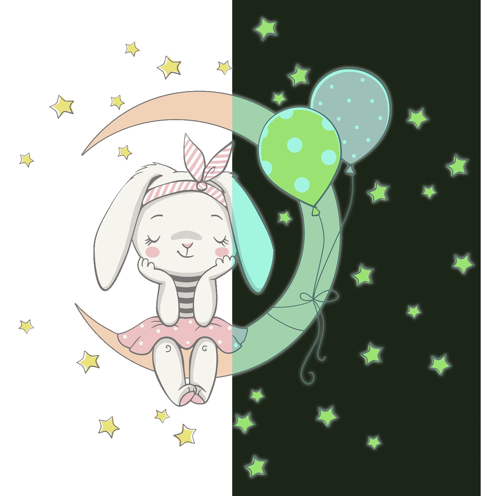 Sticker phosphorescent lumineux - LAPIN ASSIS SUR LA LUNE ET 30 ÉTOILES