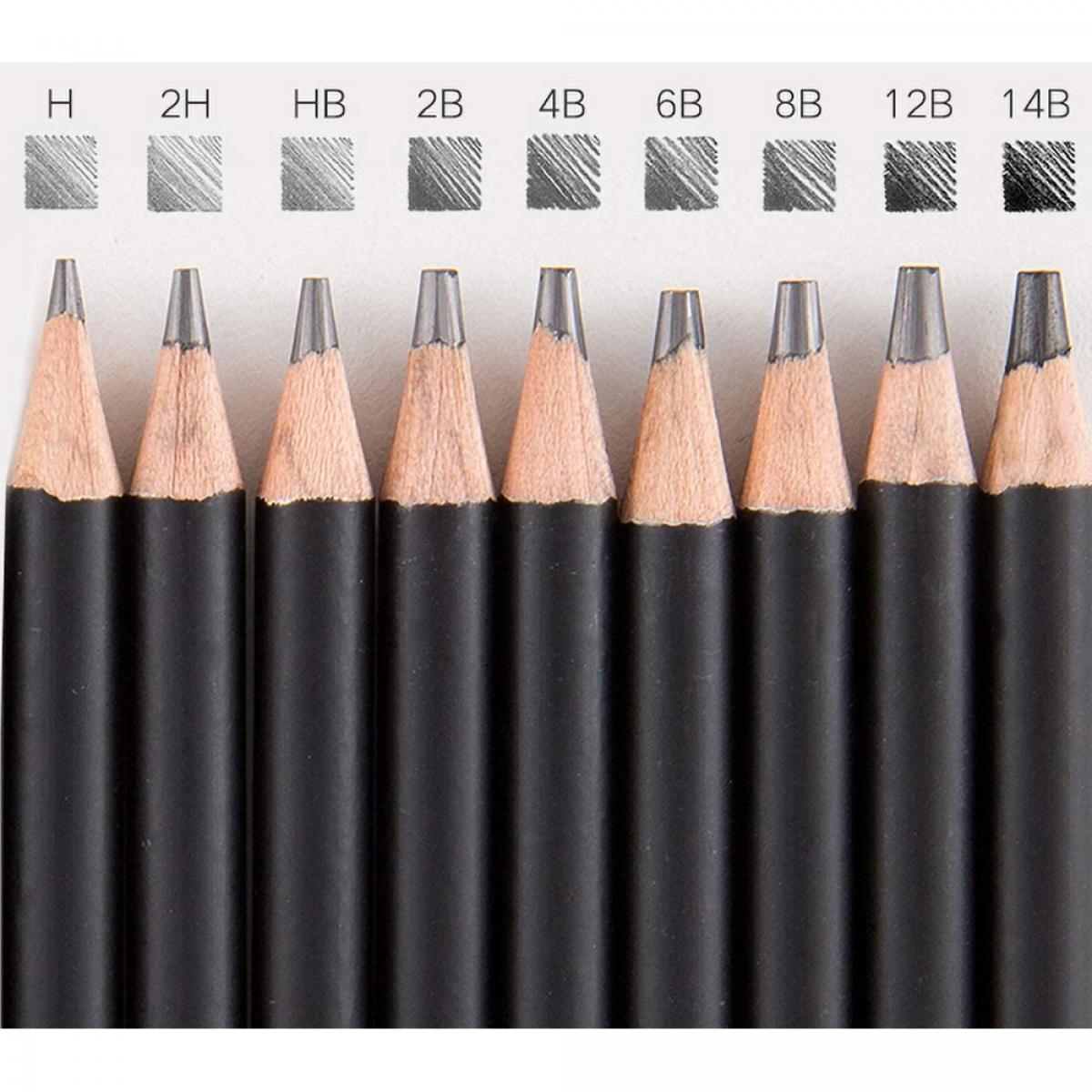 Set Profesional de 29 piezas para diseños profesionales. Se compone de 14 lápices de esbozo de diferentes grosores y durezas (H-14B), 6 lapices de carbón y herramientas de dibujo profesional.