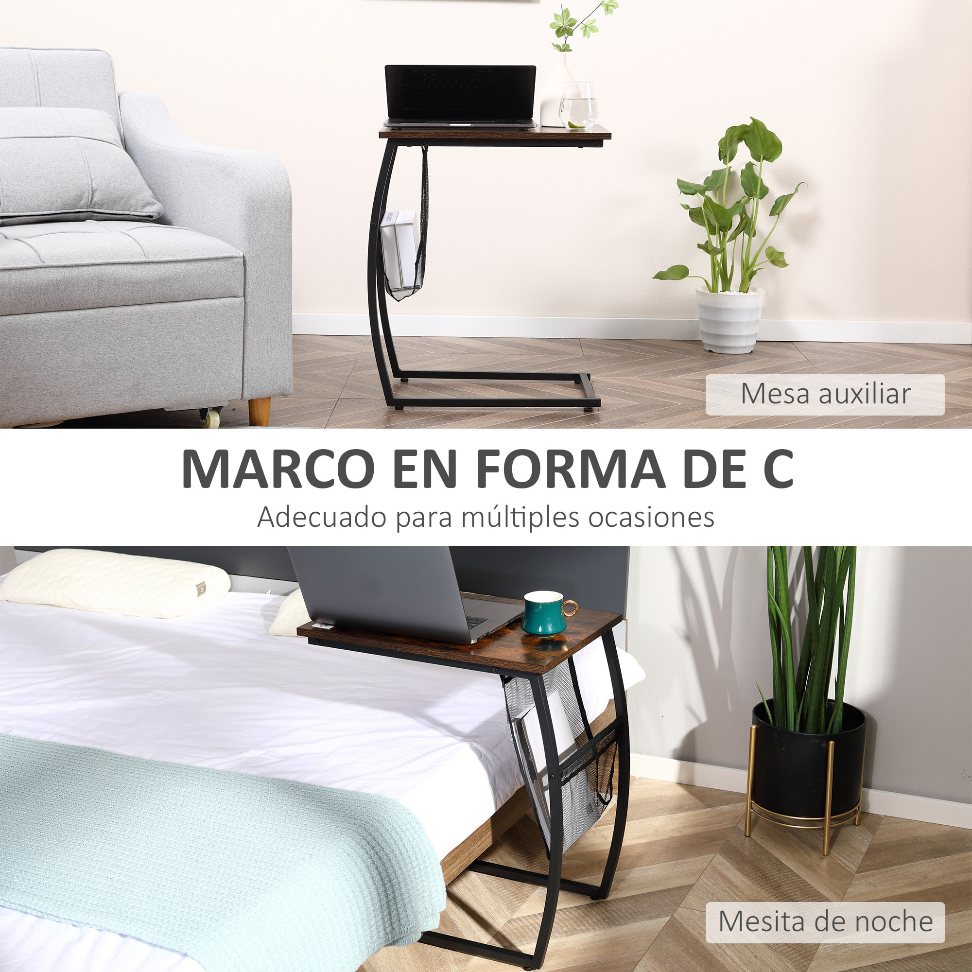 HOMCOM Mesa Auxiliar para Sofá y Cama en Forma de C con Bolsillo de Almacenaje Mesa Lateral de Estilo Industrial para Salón 53x35x64,5 cm Marrón Rústico