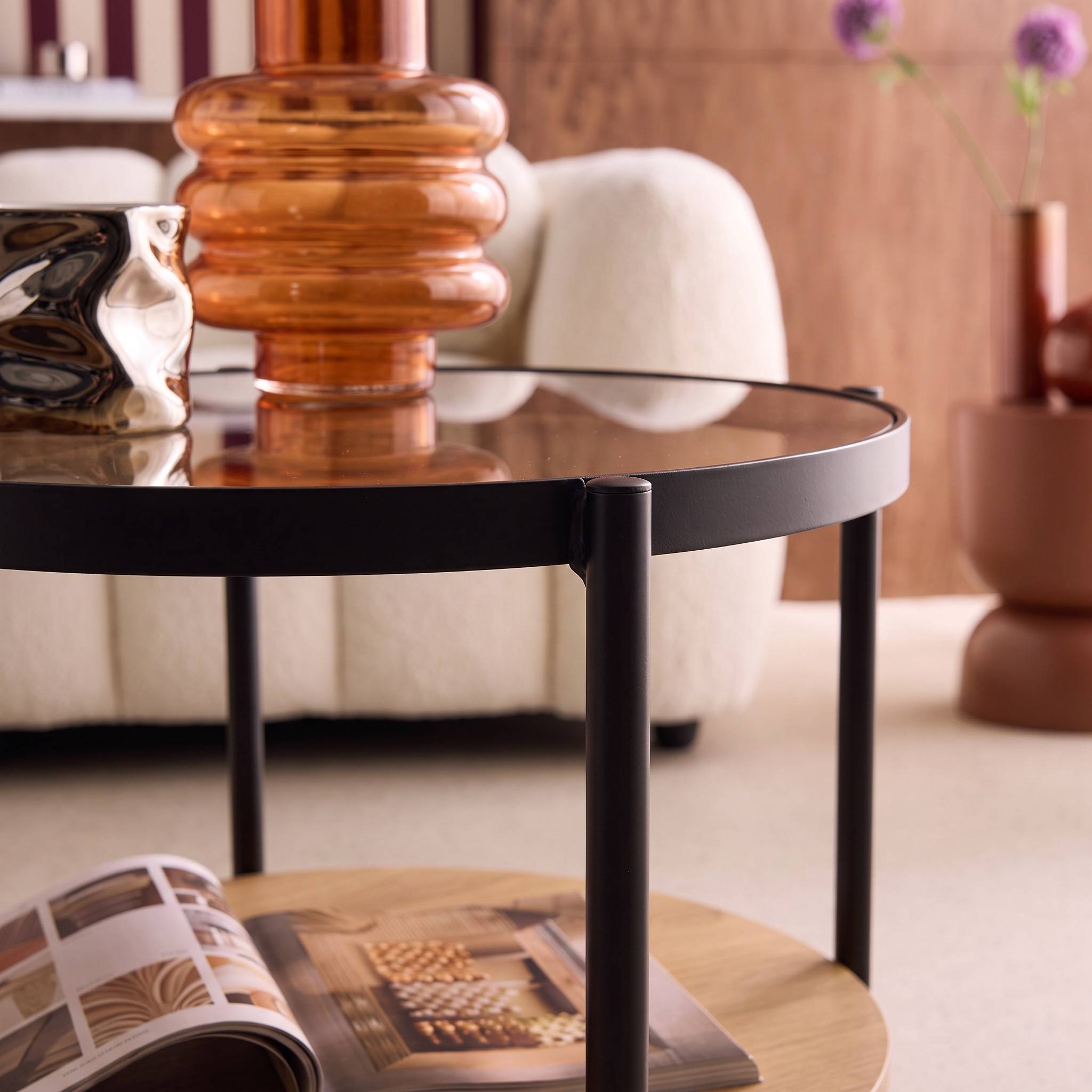 Table d'appoint ronde double plateau verre trempé, décor bois et métal SMOOKY