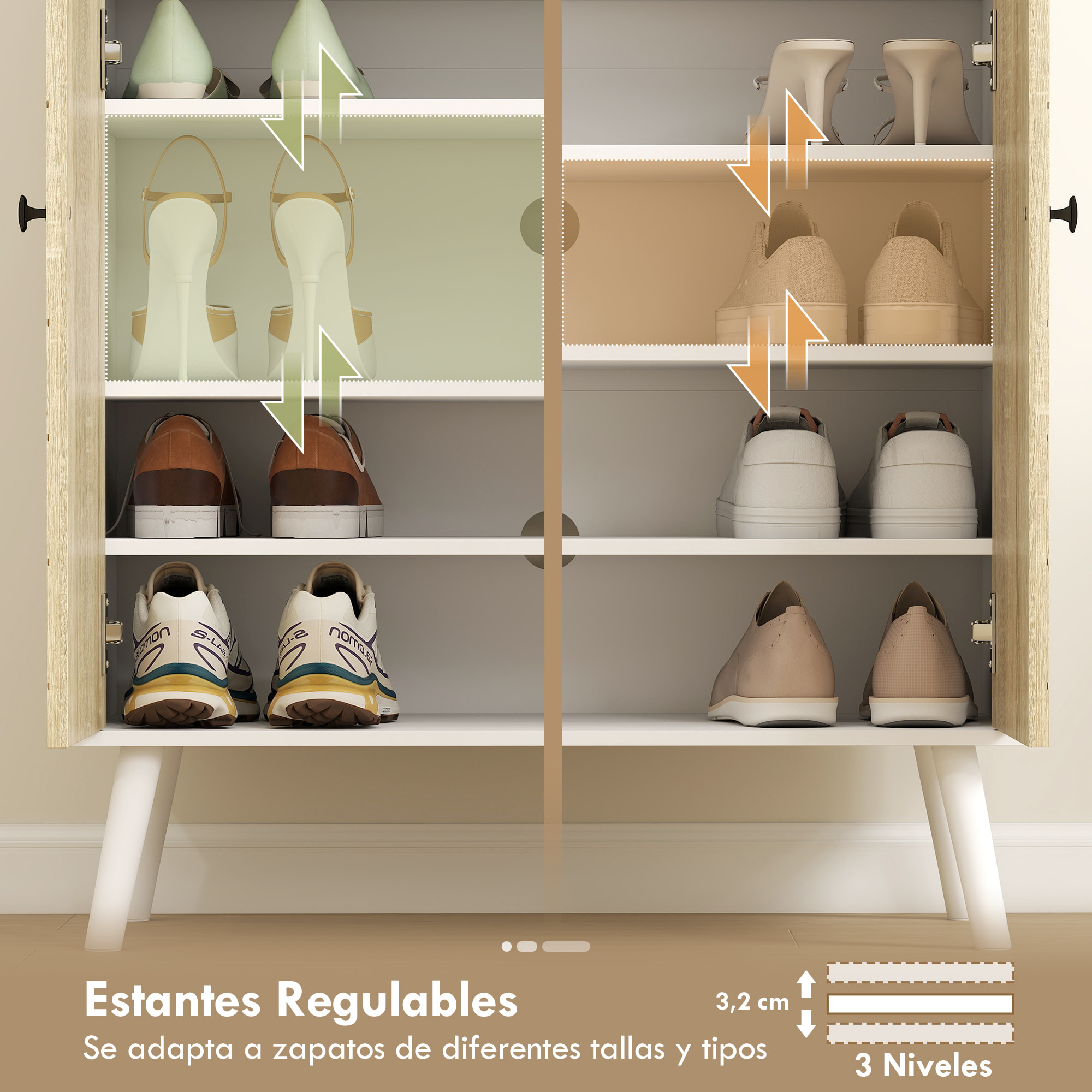 Zapatero de 2 Puertas en Espiga, Zapatero Entrada Recibidor con Estantes Ajustables, Cajón, para 12 Pares de Zapatos, 75x35x97 cm, Blanco y Natural