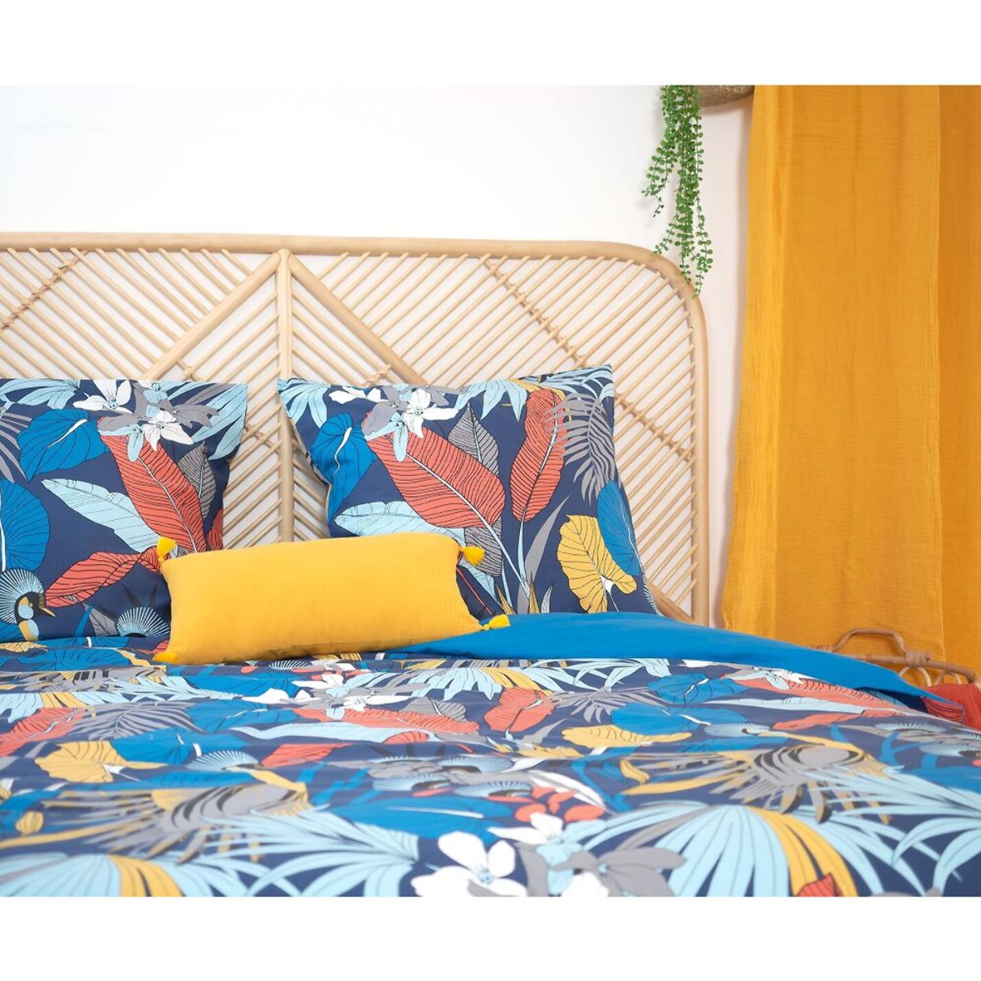 Parure housse de couette satin de coton bleu