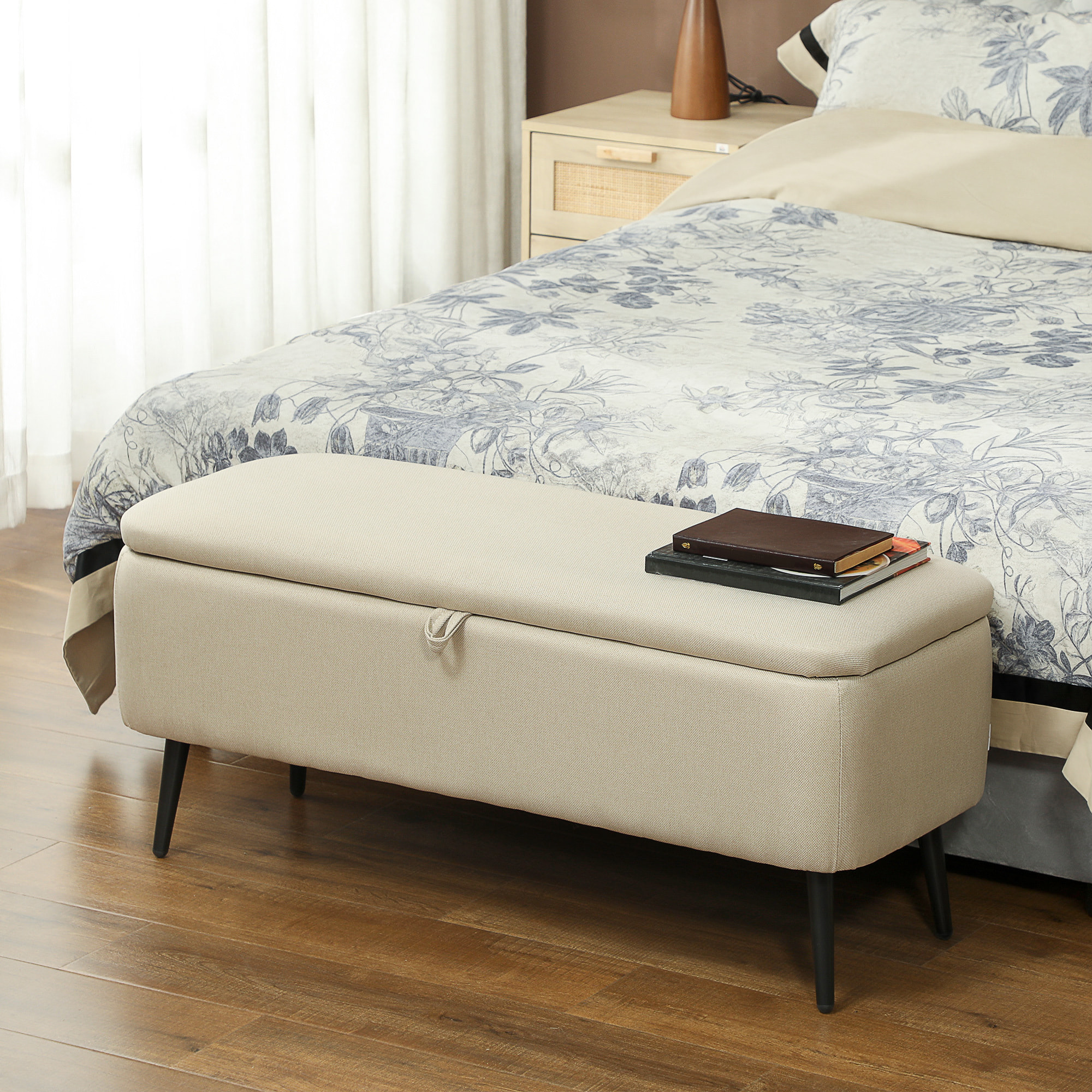 Banc coffre de rangement 2 en 1 dim. 102L x 40l x 39H cm piètement acier noir tissu beige