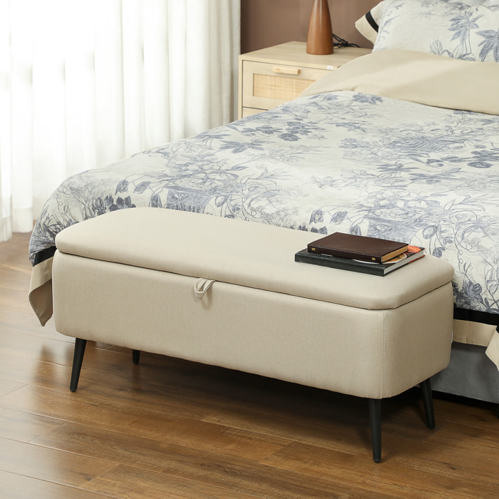 Banc coffre de rangement 2 en 1 dim. 102L x 40l x 39H cm piètement acier noir tissu beige