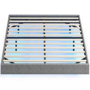 Somier Flotante 140x190 cm con Luces LED, Estructura de Cama, Tapizado en Lino, Láminas de Madera, Silencioso, Fácil de Montar, Gris