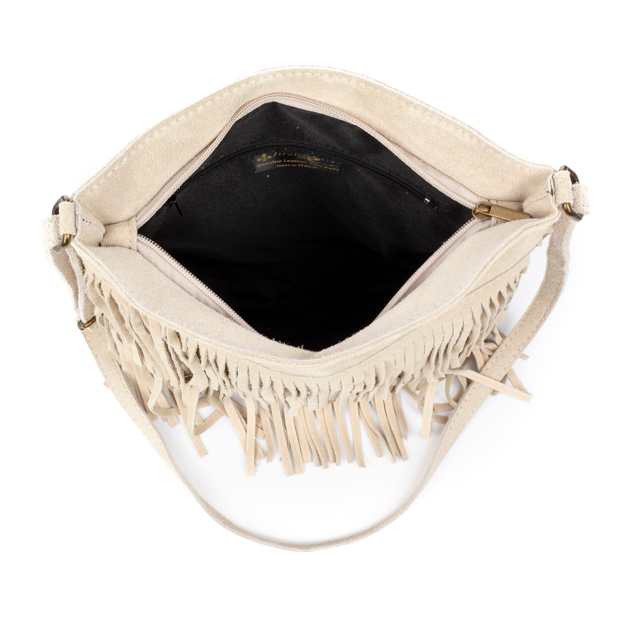 Avise borsa a tracolla con frange da donna. Vera pelle scamosciata.