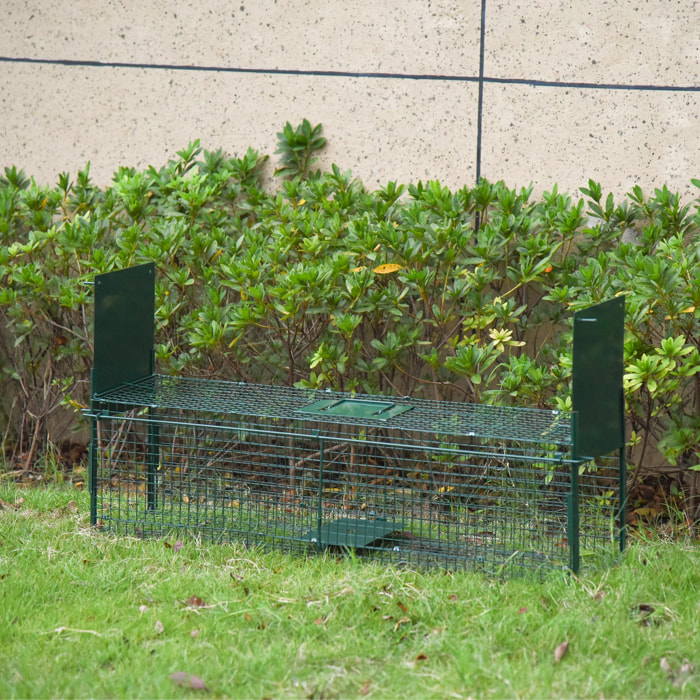 Piège de capture pour petits animaux type lapin rat - 2 entrées + poignée - dim. 100L x 25l x 28H cm - métal vert