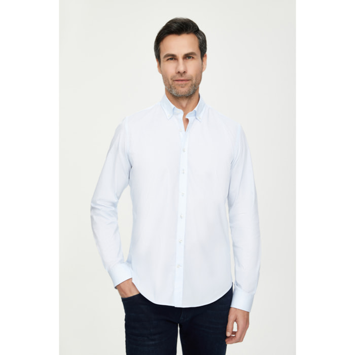 Camicia Uomo 1 Bottone Button Down Slim Popeline Stretch Unito Celeste