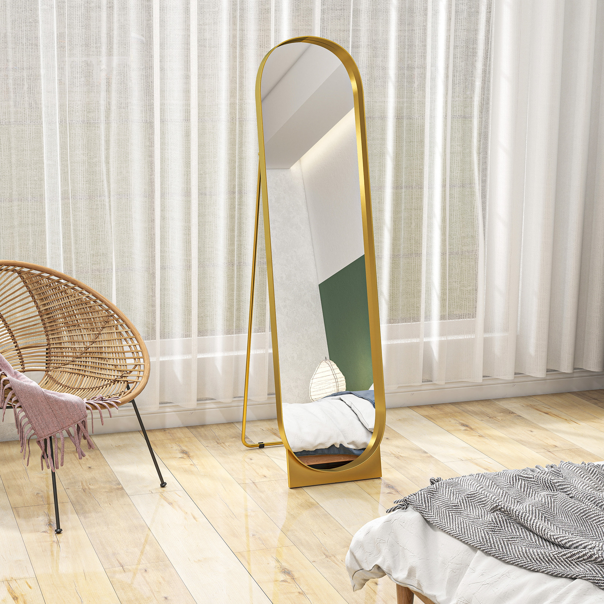 Miroir sur pied design métal doré dim. 40 x 160 cm autoportant ou à adosser