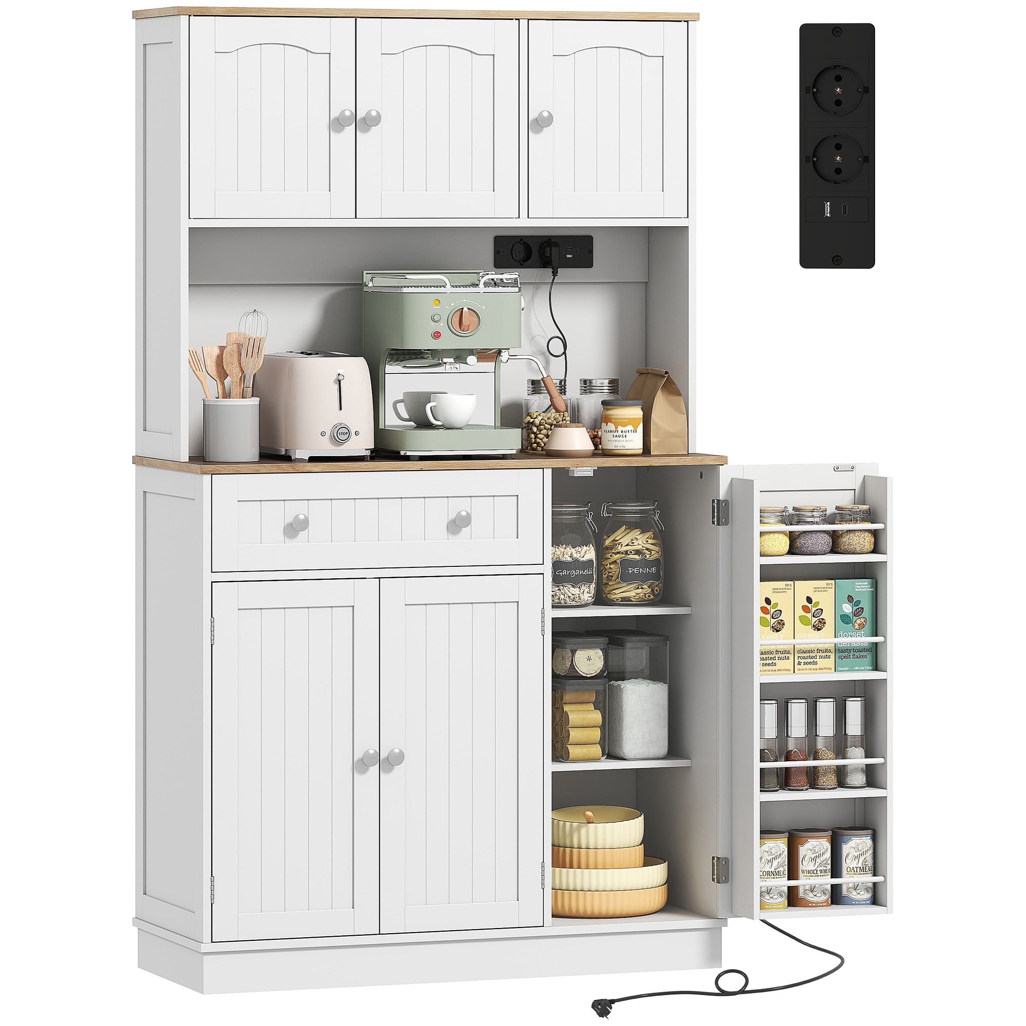 Alacena de Cocina Alta con Estación de Carga, Mueble Auxiliar de Cocina, 6 Puertas, Cajón, Estantes Ajustables, 4 Estantes para Especias, Encimera Amplio, para Comedor, 100x40x173 cm, Blanco