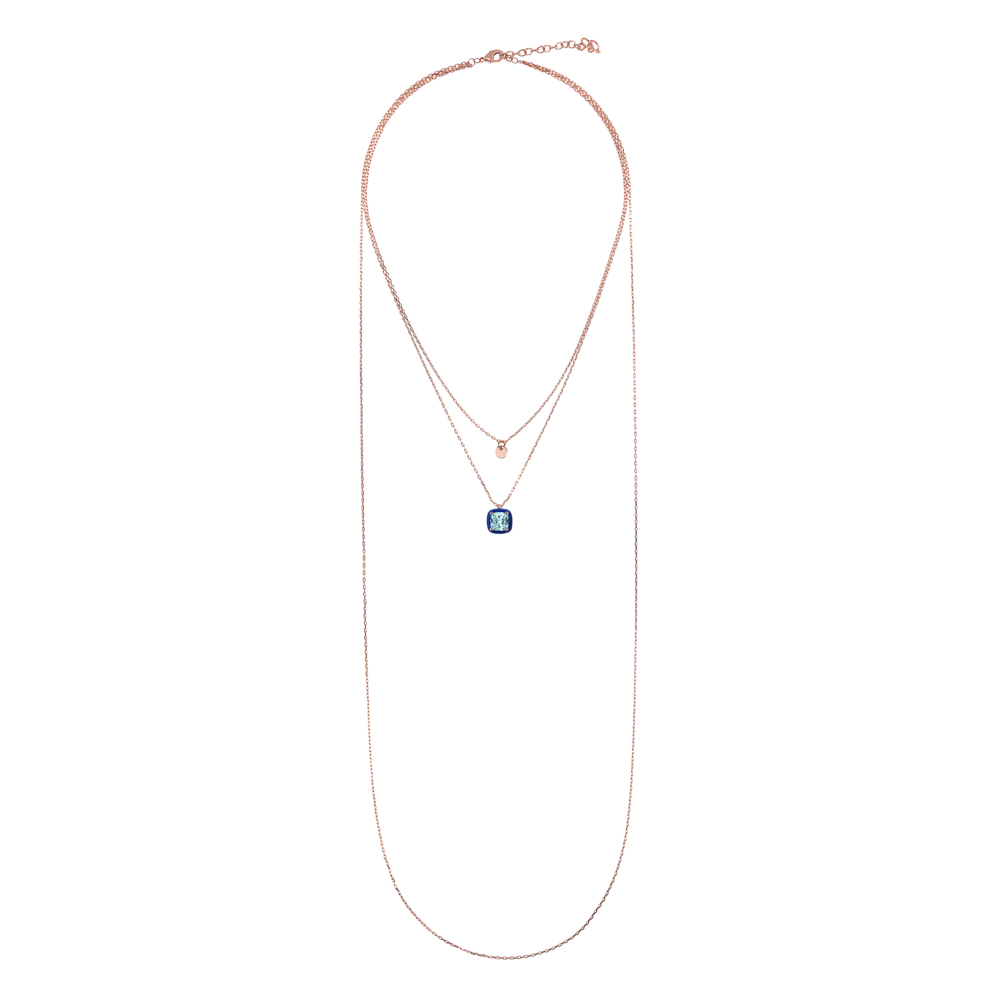 Collana Multifilo Catena Forzatina con Disco e Pendente Smaltato Blu con Cubic Zirconia Quadrata