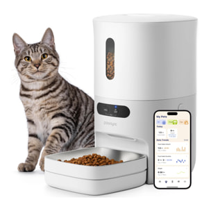 Pawsync 3.6L Dispensador Automático de Comida para Gatos, WiFi 2,4G con Informe de Dieta en APP, Libre de BFA con Tazón de Acero Inoxidable 304, Hasta 10 Comidas, Doble Tazón para Alimentación de Gatos y Perros