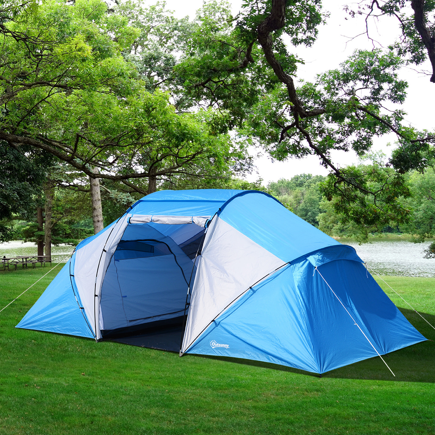 Tente de camping familiale 4-6 personnes 2 cabines fenêtre grande porte 4,3L x 2,4l x 1,7H m bleu blanc