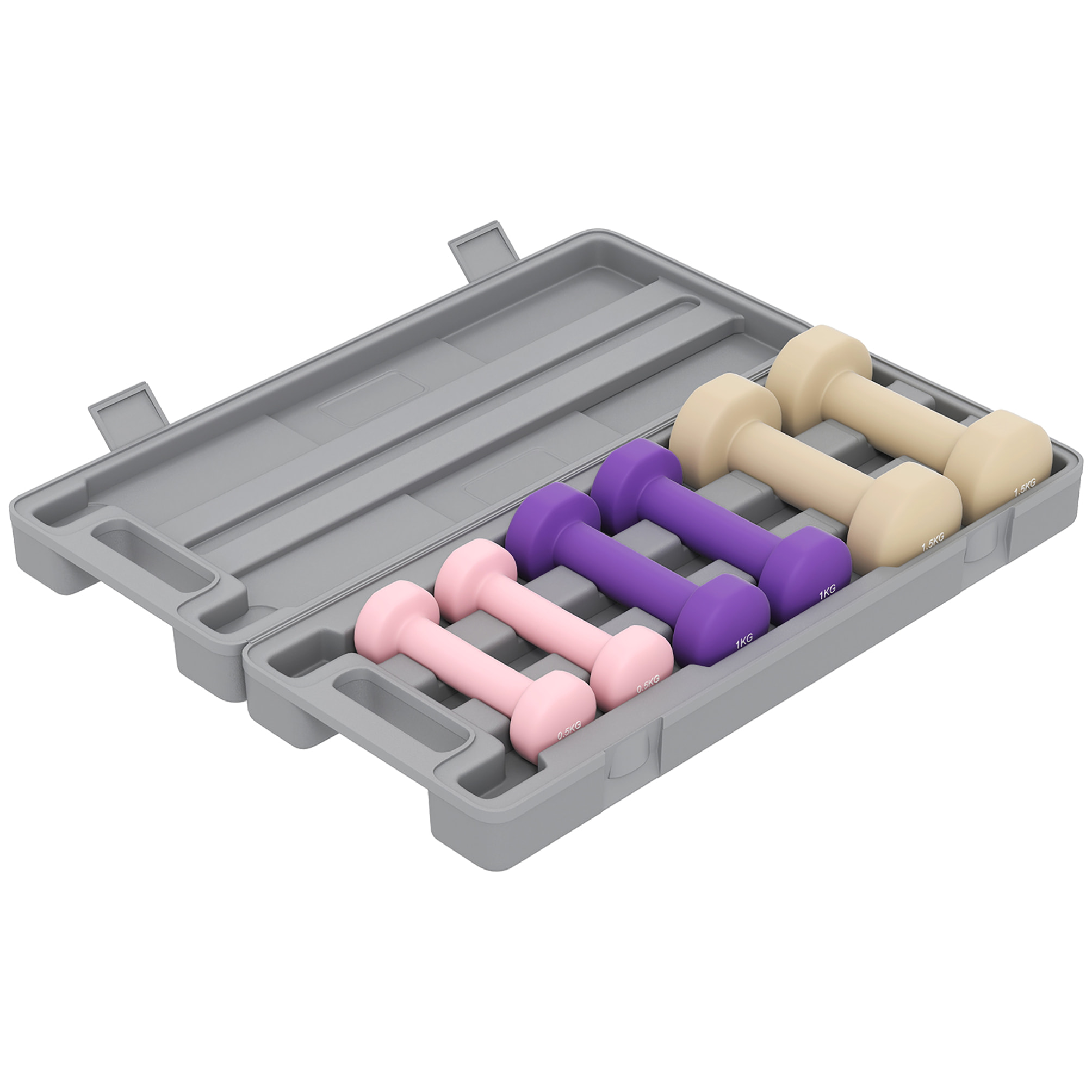 Juego de Mancuernas de 6 Piezas Total 6 kg, 2x1,5 kg, 2x1 kg, y 2x0,5 kg, Mancuernas Hexagonales con Revestimiento de PU con Maletín para Ejercicio en Casa, Gimnasio, Multicolor