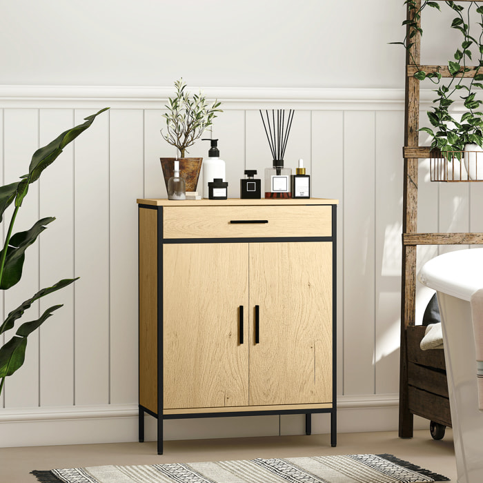 Meuble bas de salle de bain métal bois style industriel - buffet 2 portes étagère tiroir - dim. 60 x 30 x 80 cm