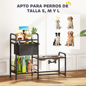 Comedero Perro Elevado con Cajón de Tela, Cuencos Elevados con 2 Cuencos de Acero Inoxidable 2x800 ml, Altura Ajustable, 2 Estantes, para Perros Pequeños y Medianos, Negro