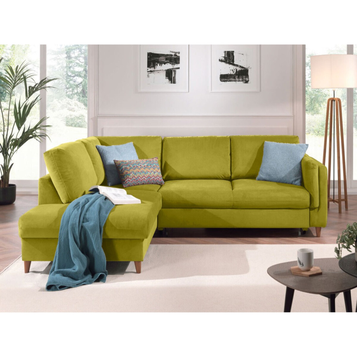 Brooke - canapé d'angle gauche - convertible - 5 places - en velours - Vert Olive