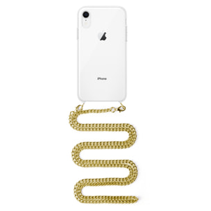 Carcasa transparente iPhone XR con colgante cadena metálica. Accesorio de moda, ajuste perfecto y máxima protección