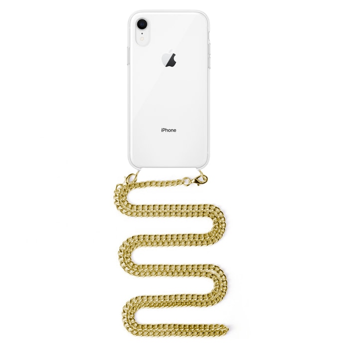 Carcasa transparente iPhone XR con colgante cadena metálica. Accesorio de moda, ajuste perfecto y máxima protección