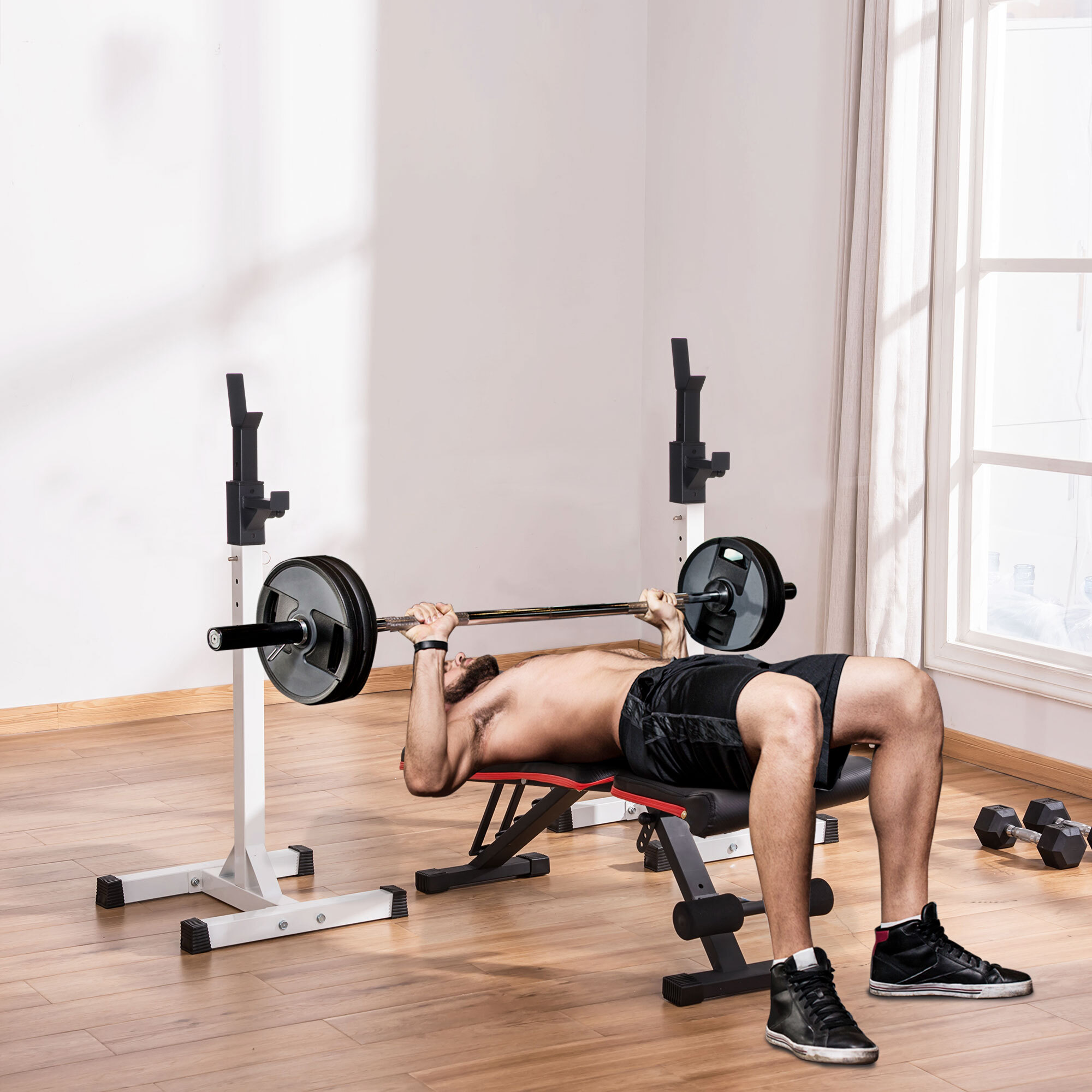 Soporte para Barras de Pesas Ajustable Estante de Acero para Levantamiento de Pesas Carga Máx. 150 kg Entrenamiento en Gimnasio Hogar 52x48x105-160 cm Blanco